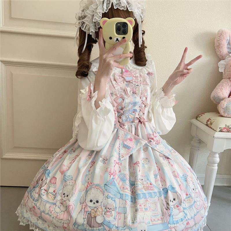 lolita原创甜宠茶会背带可爱洛丽塔JSK吊带裙印花连衣裙现货