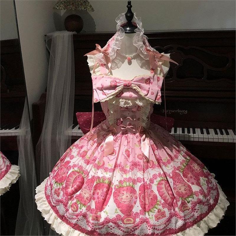青柚雾枝洛丽塔草莓印花蓬蓬裙