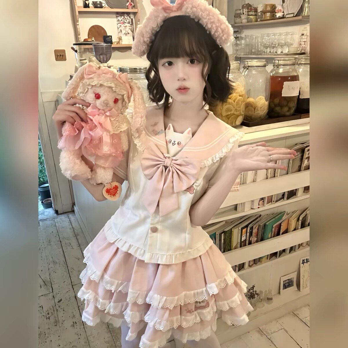 现货奶芙桃桃花糖印记原创JK制服日系收腰水手服学院风蛋糕裙套装