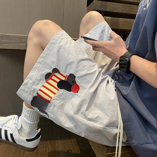 外穿宽松休闲运动男生五分裤 美式 夏季 男款 子 腊肠小狗刺绣速干短裤