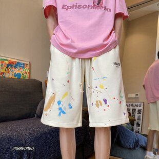 子青少年直筒休闲中裤 涂鸦彩色短裤 潮流运动情侣五分裤 美式 男夏季