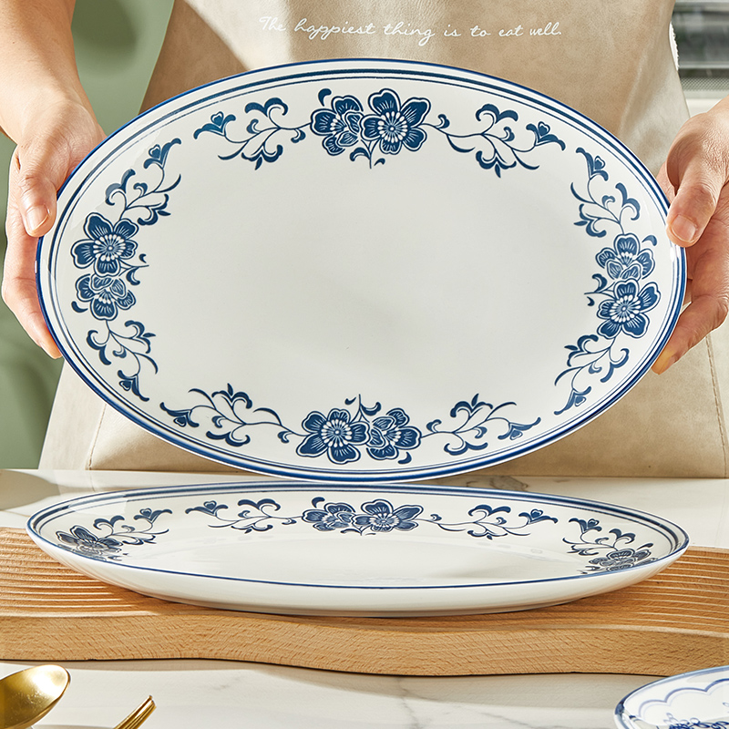 纬廷釉下彩健康加厚陶瓷装鱼盘子