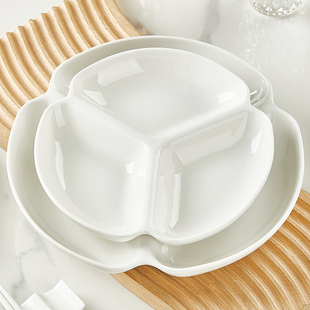 纯白陶瓷分格餐盘可蒸可微波三格盘子家用减肥专用减脂分格备菜盘