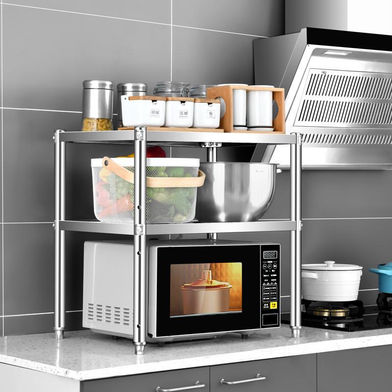 厨房不锈钢置物架台面两层微波炉烤箱收纳架桌面碗盘调料储物货架