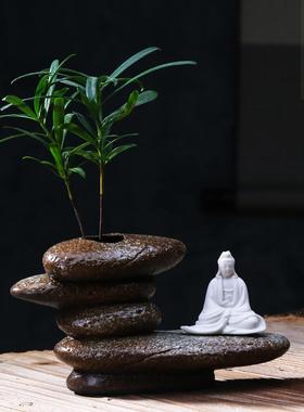 禅意紫砂小和尚水培花器茶席配件创意陶瓷花插无相佛家居饰品摆件