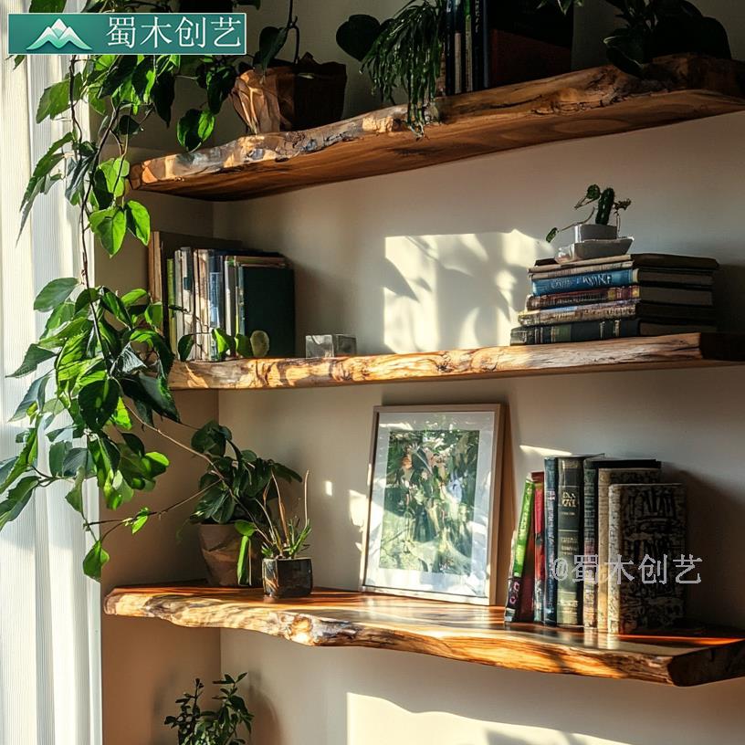 诧寂风新中式实木玄关置物架原木壁挂收纳层板挂墙悬浮书架一字板