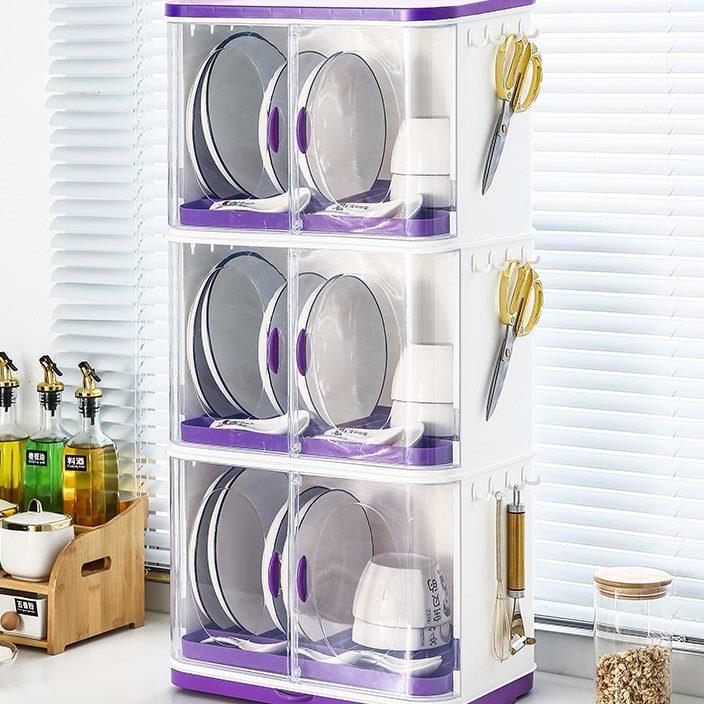 1家用厨房碗筷置物架大号双层 碗碟沥水架餐具收纳盒带盖塑料碗柜