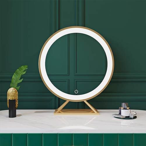 北欧梳妆镜金色圆形装饰镜ins网红台式座镜公主镜LED灯镜子化妆镜
