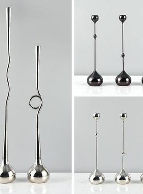 烛台摆件欧式创意轻奢金属银色细长线条高水滴简约现代装饰蜡烛台