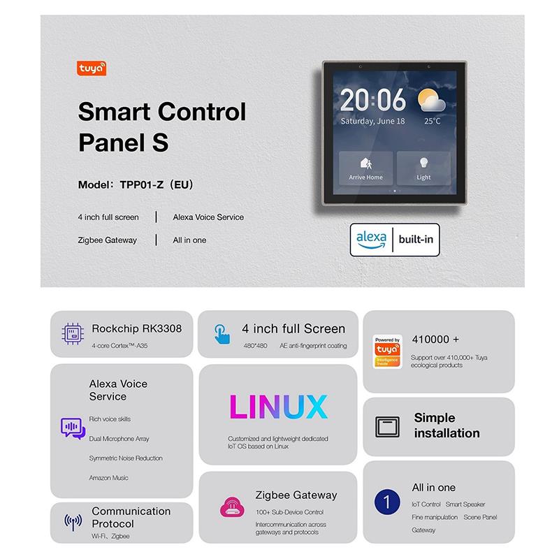 涂鸦智能官方海外4寸高清智慧TPP01-Z(EU)背景音乐主机对讲中控屏