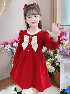 儿童裙子秋冬季2023新款女童连衣裙网红小女孩洋气冬装装冬款红色