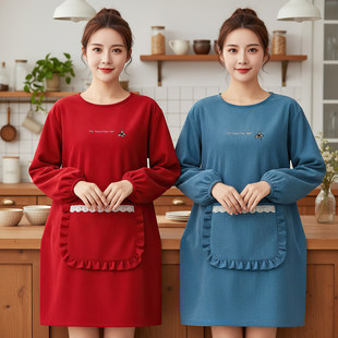 简约罩衣女新款长袖灯芯绒围裙厨房家用上班专用劳动年轻款工作服