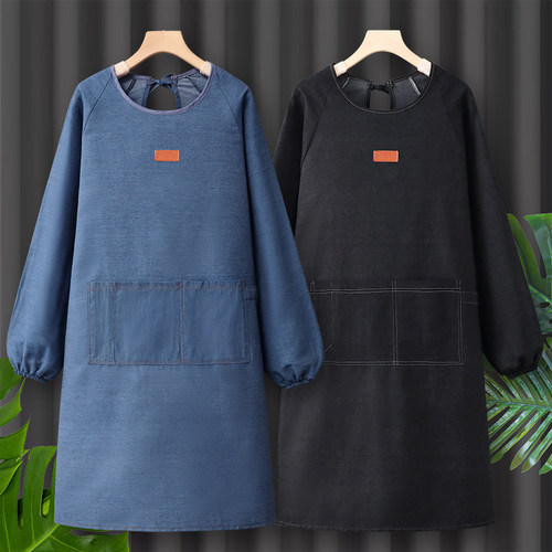 长袖牛仔布围裙定制logo印字罩衣