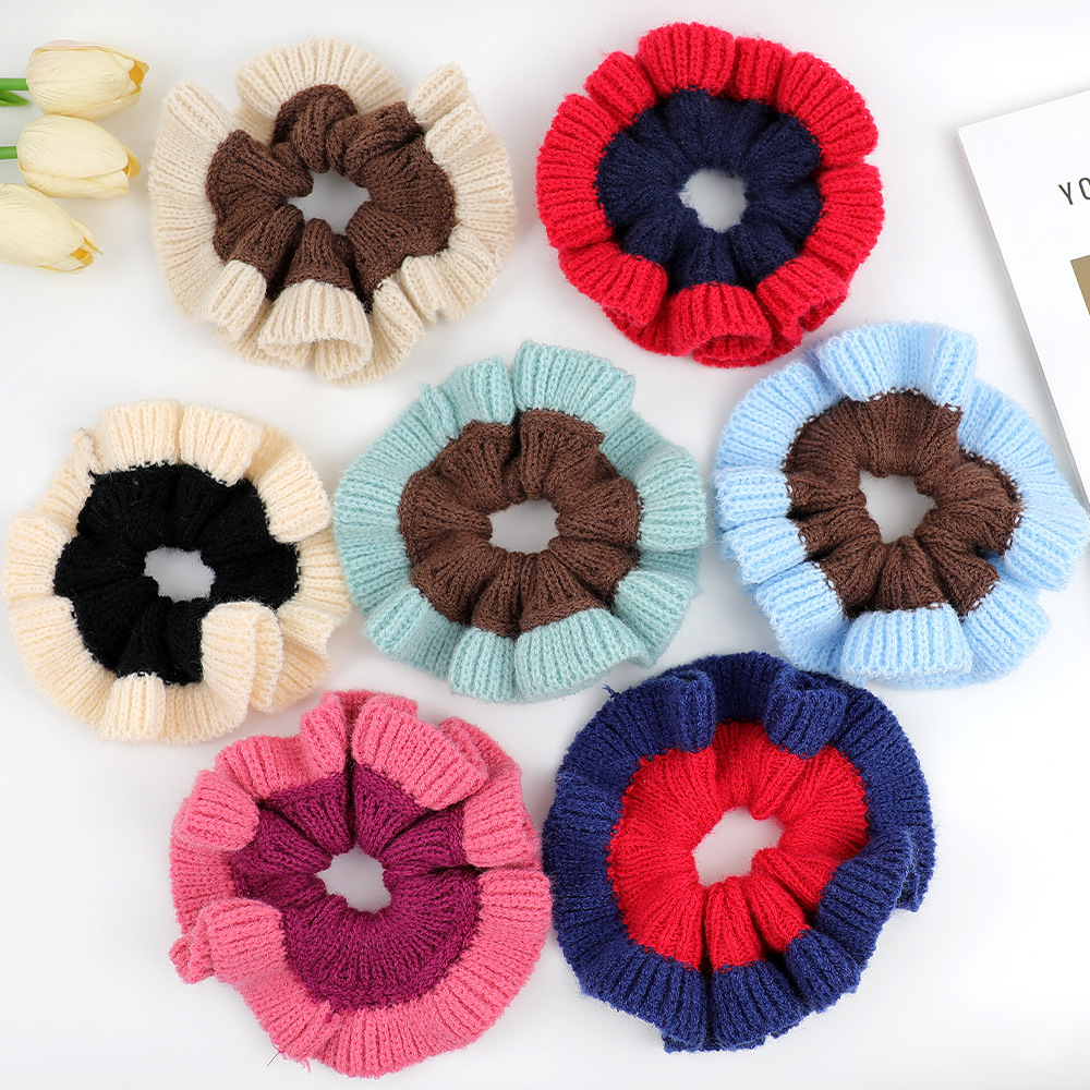 拼色毛线针织大肠发圈女秋冬多巴胺软糯撞色懒惰风丸子头发绳头绳