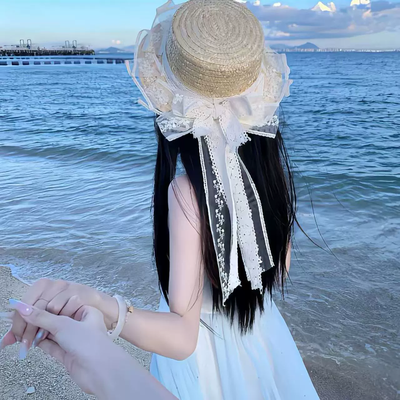 草帽女生夏季洛丽塔蝴蝶结蕾丝帽子海边拍照遮阳帽草编防晒