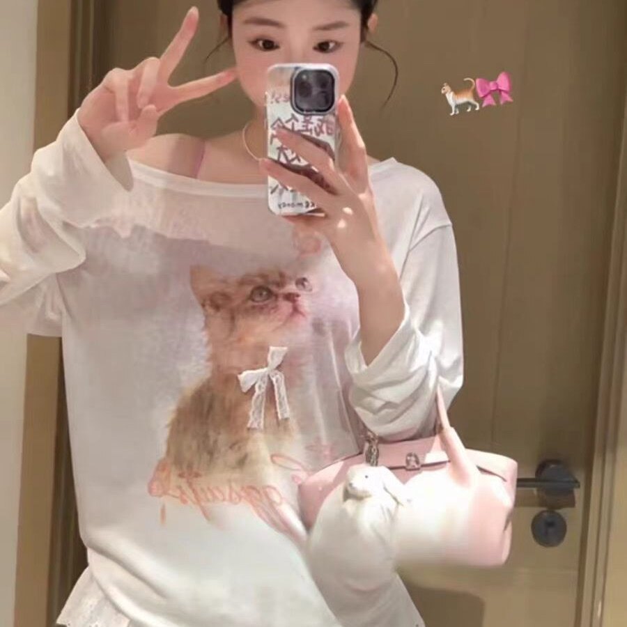 韩版休闲慵懒风小猫印花防晒长袖T恤女白色宽松薄款微透上衣罩衫