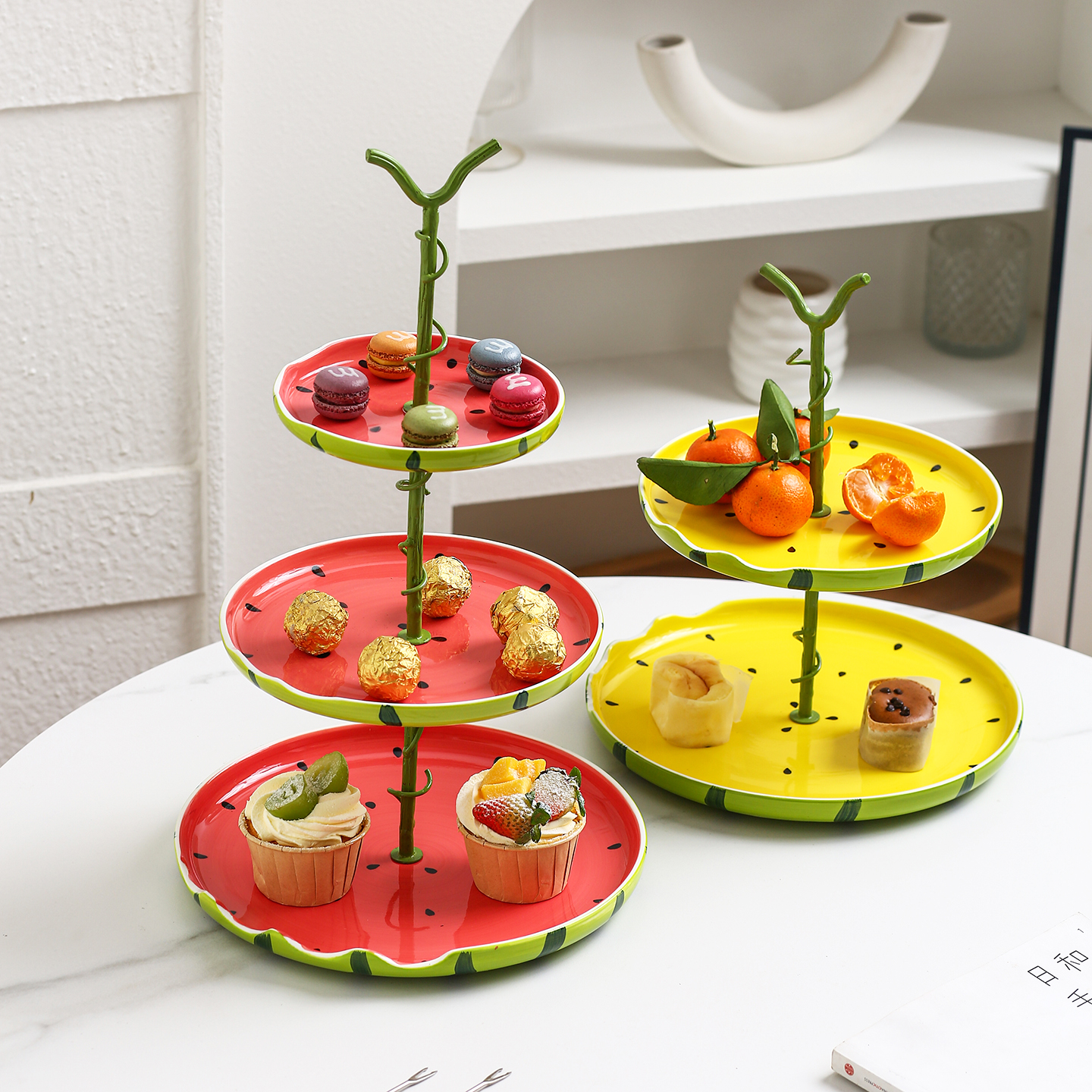创意陶瓷西瓜造型多层水果盘家用客厅糖果干果盘甜品台前台展示架
