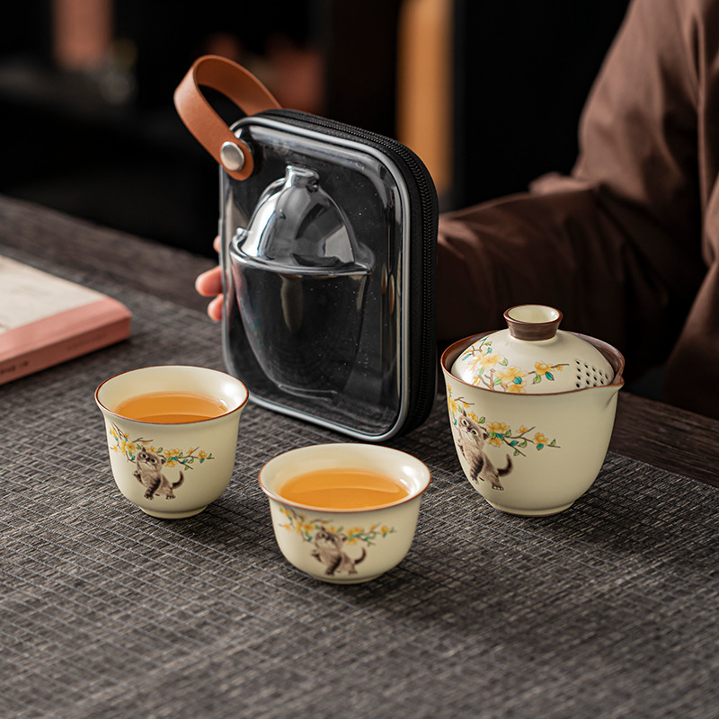 汝窑萌猫旅行手抓壶陶瓷茶壶茶具套装快客杯泡茶便携随身一壶二杯 餐饮具 旅行茶具 原图主图
