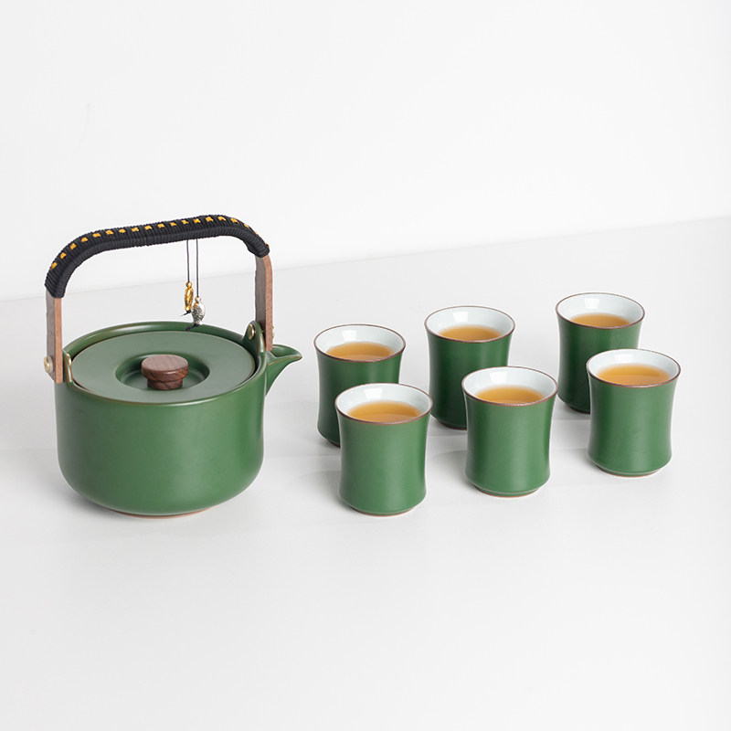 2025新款竹绿釉提梁壶功夫茶具套装陶瓷茶壶茶盘轻奢家用泡茶壶