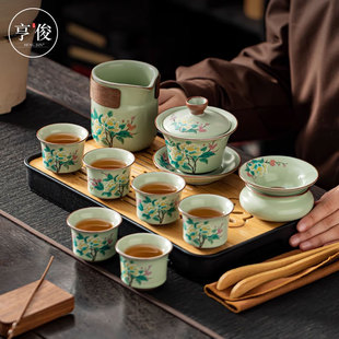 户外旅行茶具功夫盖碗茶壶套装 便携式 一壶六杯陶瓷泡茶杯露营踏青