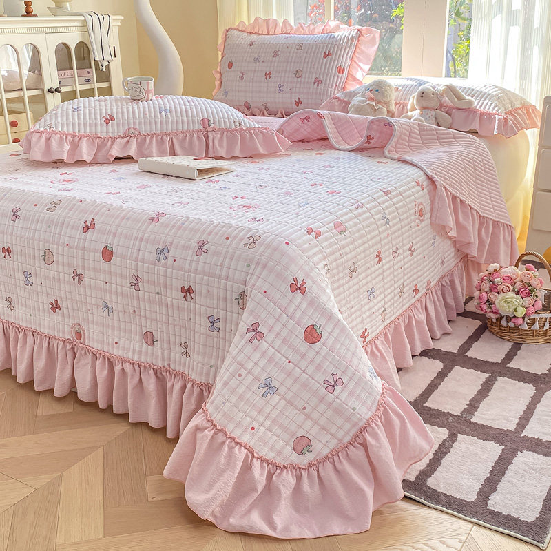 mm2026双层纱加厚夹棉云感皱皱纱大花边床单床盖三件套四季通用