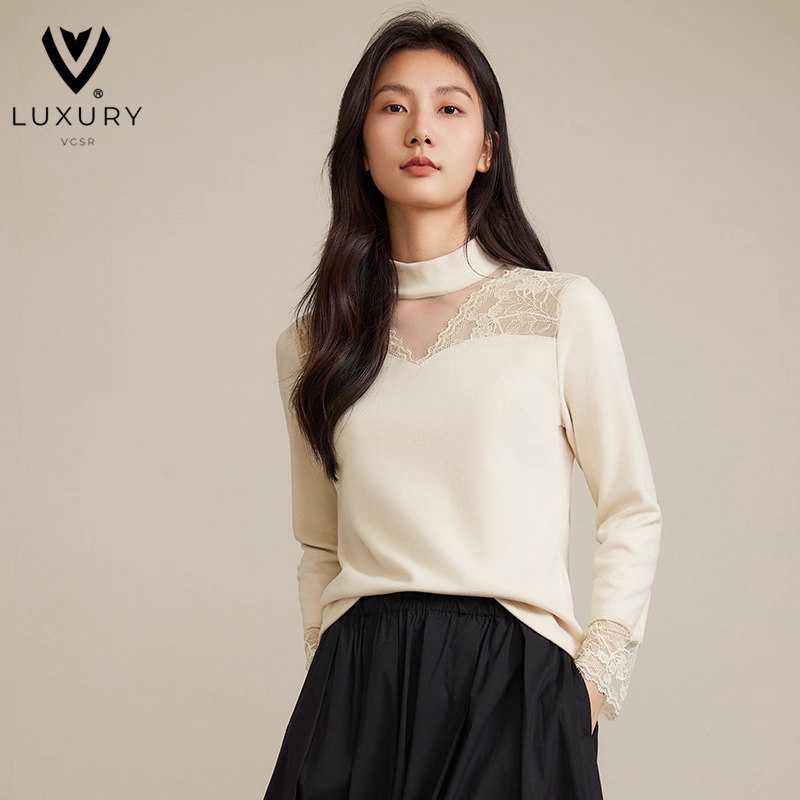 德绒打底衫女冬季洋气内搭镂空纯色蕾丝小衫加厚双面磨毛保暖上衣