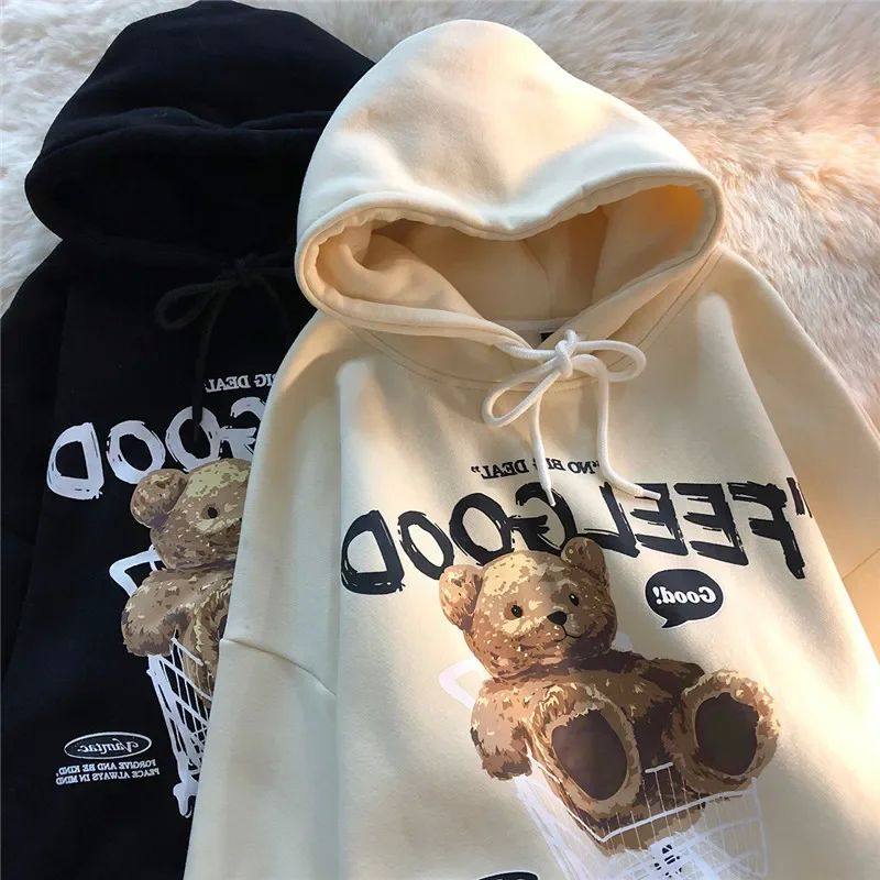 Little Bear Printed Drawstring Hoodie 女小熊印花抽绳连帽卫衣