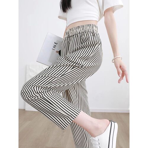 高腰条纹阔腿休闲女裤不易变形