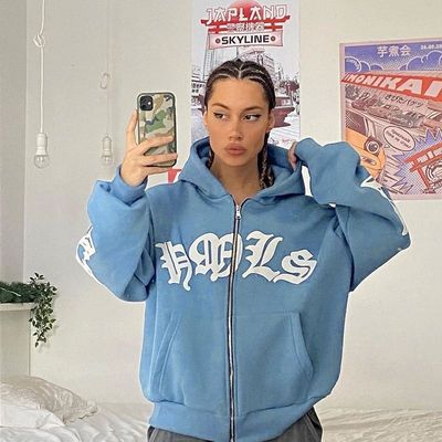 字母印花拉链连帽运动衫