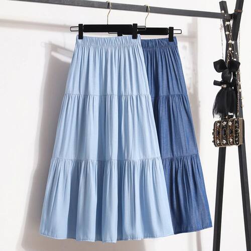 Solid color elastic waistband A-line long skirt松紧腰a字长裙