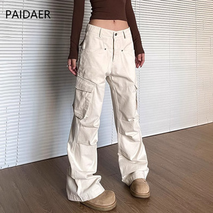女2025春季 新款 復(fù)古工裝 高級(jí)感寬松褶皺街頭沖鋒褲 褲 潮派大鵝美式
