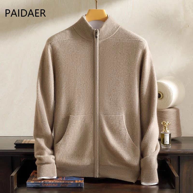 纯山羊绒针织衫男2024冬季新款高端正品加厚保暖开衫拉链商务外套