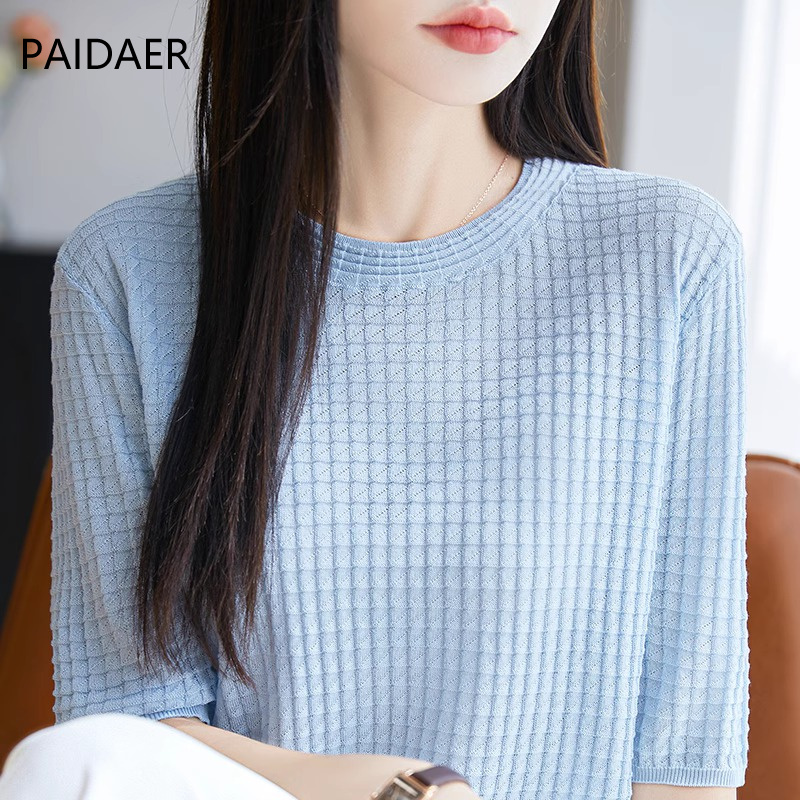 天丝针织短袖T恤女2025夏季新款高级感圆领凉感宽松五分袖打底衫