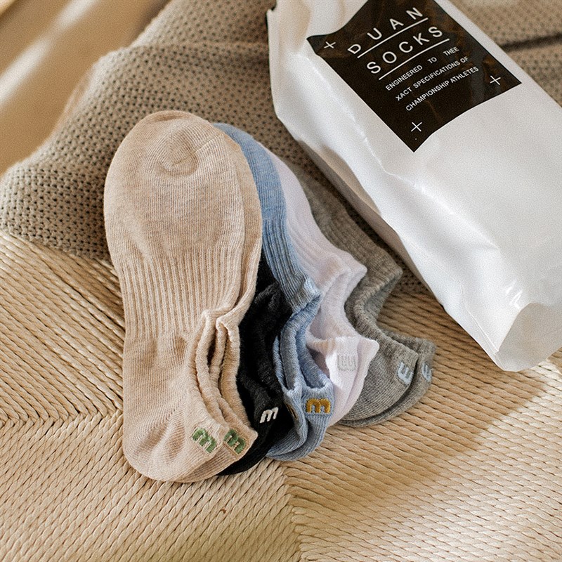 4双装刺绣袜子男短袜跑步纯色韩国春夏低帮浅口隐形袜精梳棉 船袜