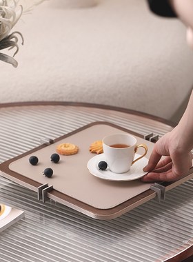 现代简约胡桃木皮革方形圆形托盘置物创意摆件桌面装饰品样板间