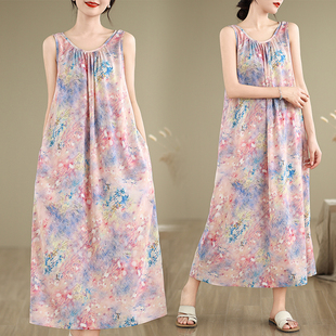2024夏季新款大码胖mm宽松无袖连衣裙海边度假裙子长款过膝背心裙