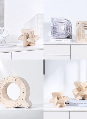 新中式黄洞石几何环扣摆件样板房售楼处酒店客厅大理石圆环装饰品