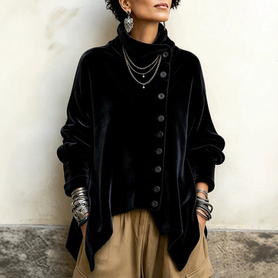高领斜纽扣不规则长袖上衣 Irregular button long sleeved shirt