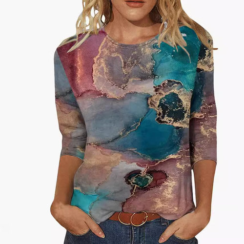 Round neck  seven quarter sleeve top圆领印花宽松七分袖上衣女