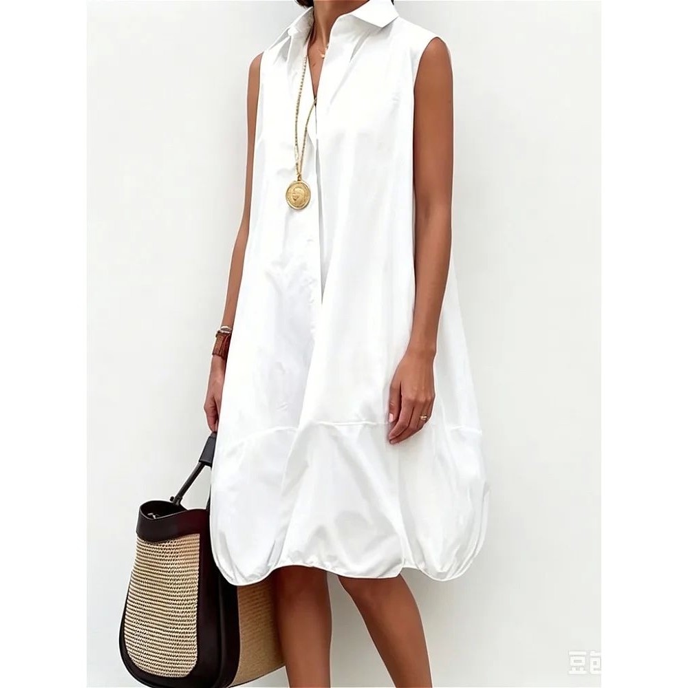 纯色翻领无袖休闲宽松连衣裙Solid color lapel sleeveless dress