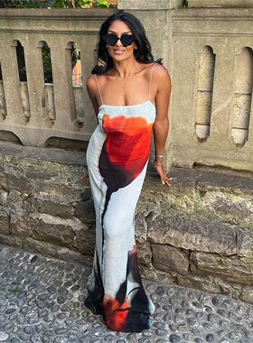 Strap printed floor length skirt forwomen 女士吊带印花拖地裙