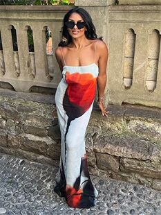 Strap printed floor length skirt forwomen 女士吊带印花拖地裙