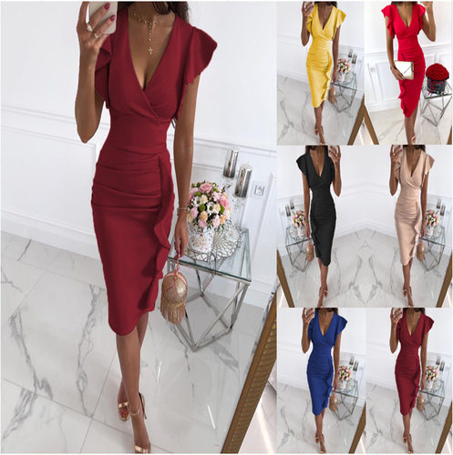 Solid color V-neck lace pleated dress纯色V领花边褶皱连衣裙女
