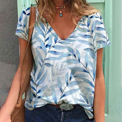 Vintage printed V-neck thin loose T-shirt 复古印花V领薄款T恤