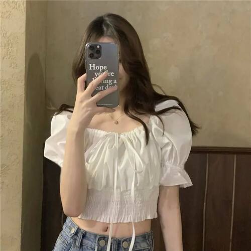 纯色方领系带修身短袖T恤女