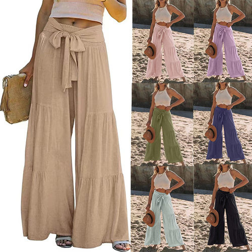 Tie up high waisted pleated wide leg pants绑带高腰褶皱阔腿裤