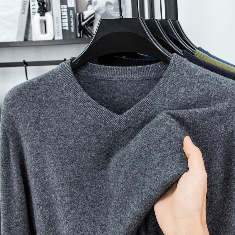雪中飞冬100%纯羊毛衫男士V领加厚毛衣保暖打底羊毛针织衫