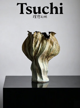 侘寂风褶皱肌理陶瓷花瓶原创手工拉胚小众设计感客厅玄关插花摆件