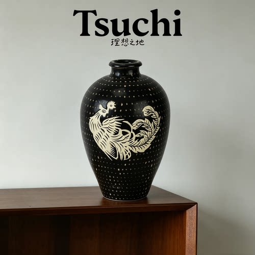 宋式黑釉刻凤纹陶瓷梅瓶新中式侘寂风花器客厅茶室复古装饰摆件