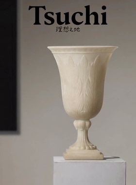 欧式宫廷风叶脉浮雕花瓶仿玉石象牙白大口径餐厅酒店桌面装饰摆件